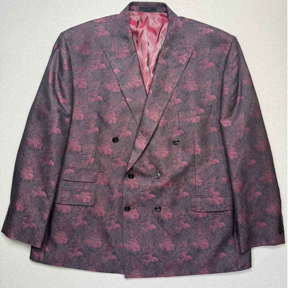 Tayion Mens Classic-Fit Jacquard DBL Breasted Dinner Jacket Wine/black 52R $295